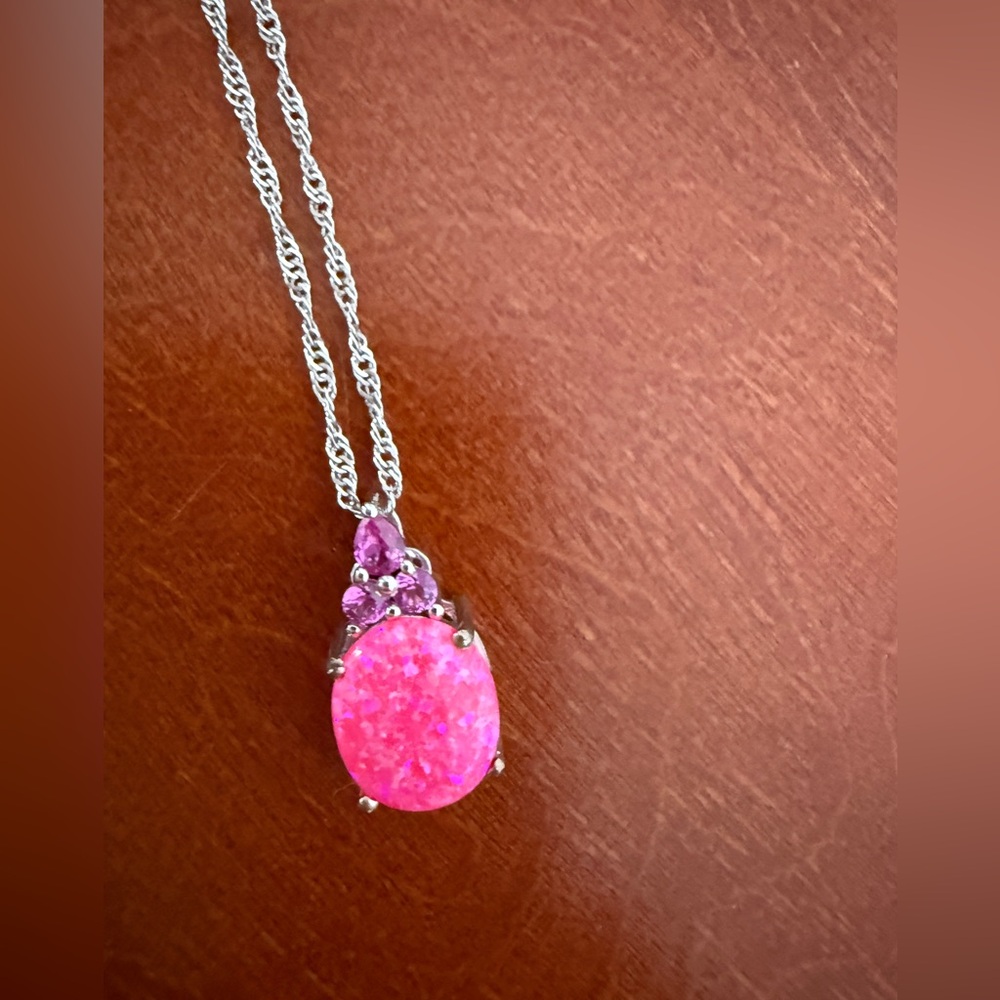 JTV lab created pink sapphire and pink opal on a silver chain.